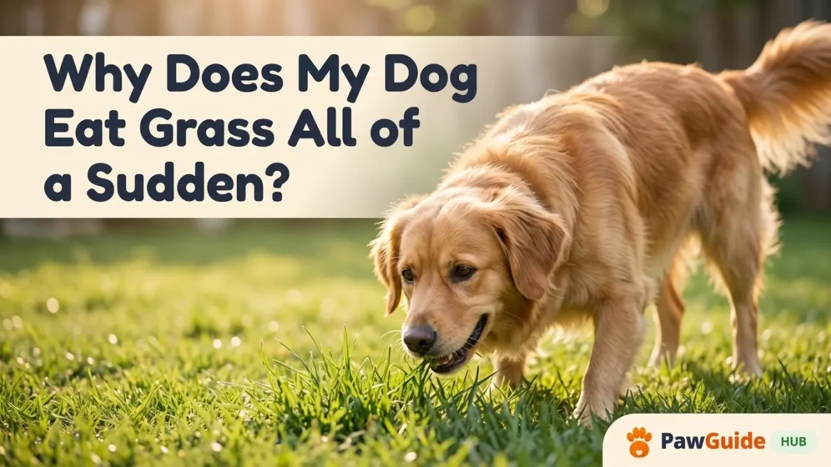 Golden retriever sniffing grass in backyard