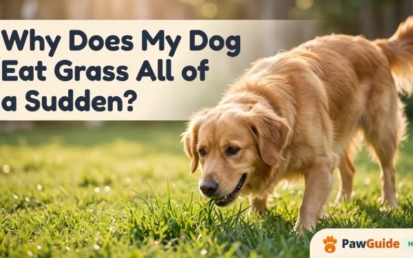 Golden retriever sniffing grass in backyard